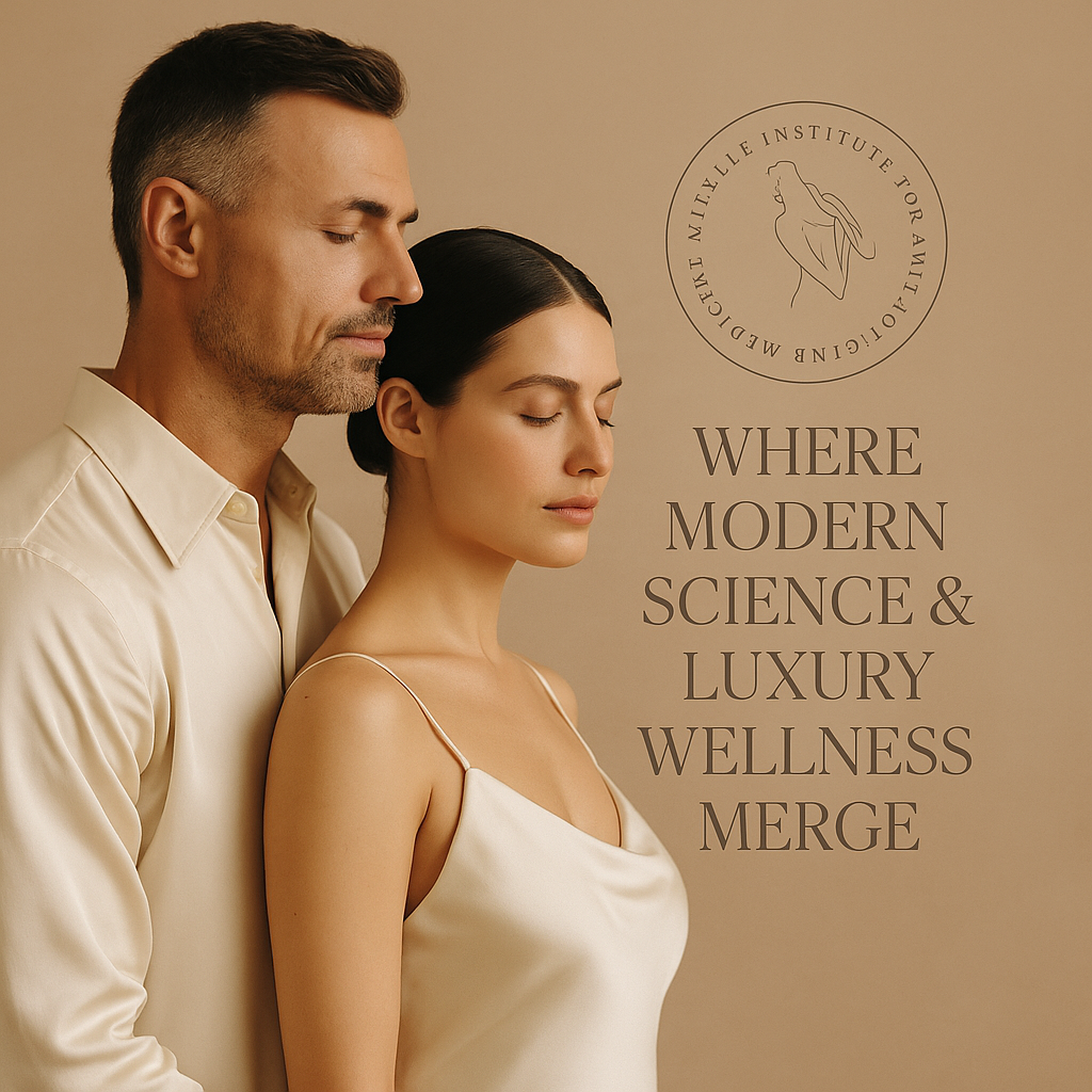 Elegant couple in soft champagne tones representing Mirelle Institute for Anti-Aging Medicine, where modern science and luxury wellness merge through physician-led longevity and aesthetic care.