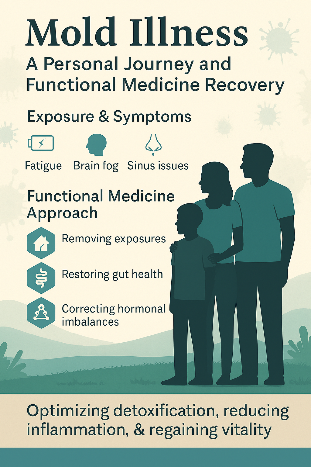 Family recovering from mold illness using functional medicine strategies, showing healthy mother, teenage son, and adult friend with icons for gut health, hormones, metabolic assessment, and detoxification pathways