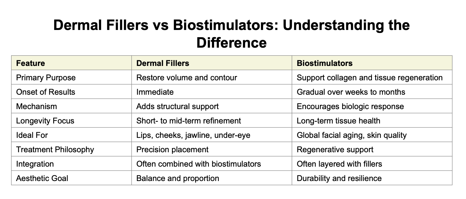 Dermal fillers vs. biostimulators- Understanding the difference table