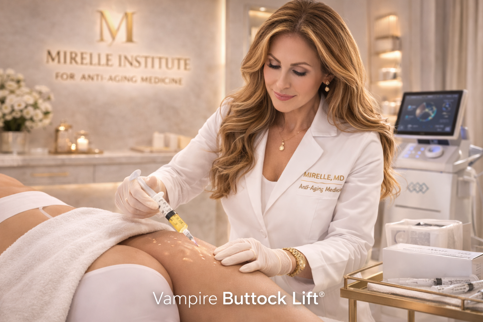 Dr. Corina Ianculovici performing a Vampire Buttock Lift® using PRFM and bio-stimulatory induction in Wall Township, NJ.