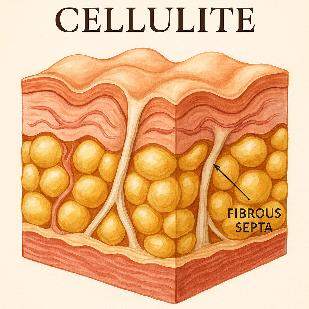 Medical illustration of skin tissue showing cellulite structure with enlarged fat lobules and fibrous septa pulling downward, visually explaining the anatomical cause of dimpling treated at Mirelle Institute’s advanced cellulite smoothing and body contouring programs.