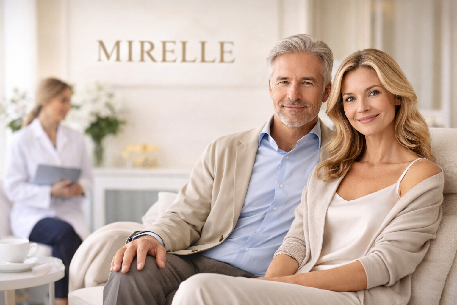 Elegant midlife couple representing clinician-guided aesthetic and metabolic care at Mirelle Institu