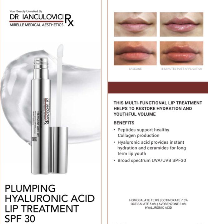 An ad for plumping hyaluronic acid lip treatment spf 30