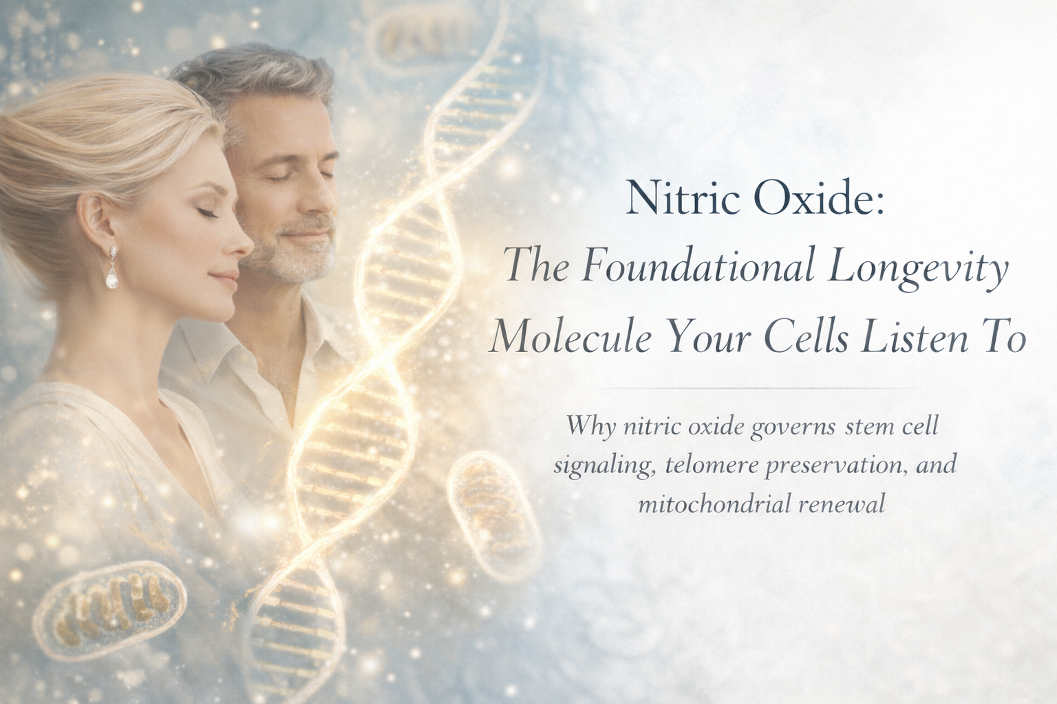 Elegant man and woman in a refined longevity setting symbolizing nitric oxide’s role in cellular ene