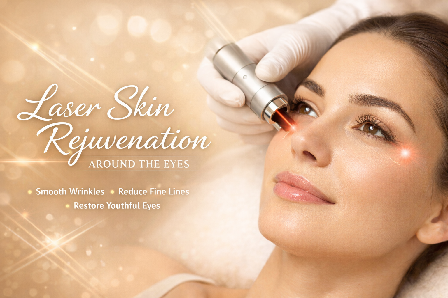 Champagne-toned laser skin rejuvenation treatment around the eyes, improving fine lines and skin texture in a luxury medical spa setting.