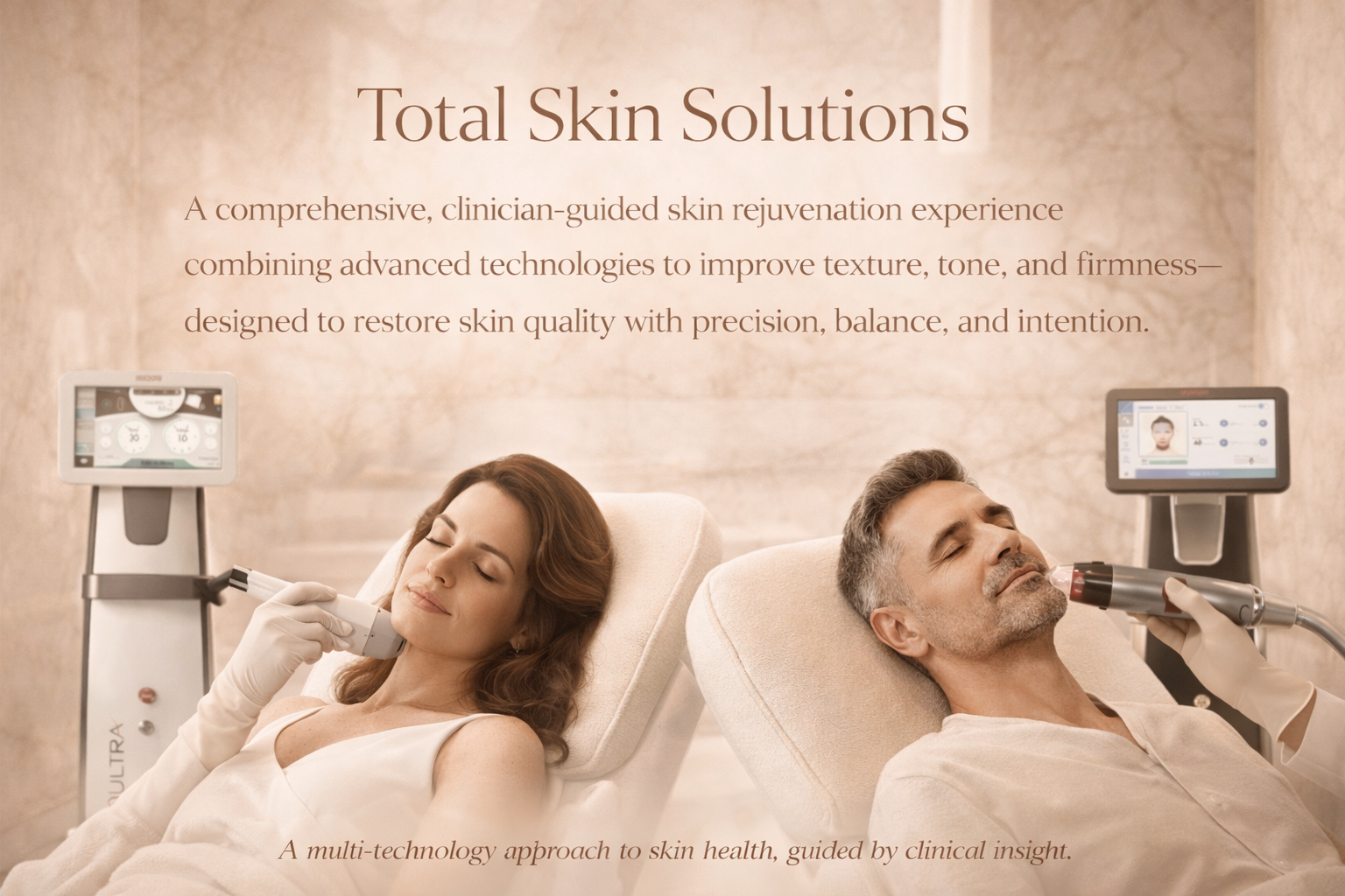 Couple receiving Total Skin Solutions skin rejuvenation treatment in a luxury marble clinic at Mirelle Institute for Anti-Aging Medicine in Manasquan, New Jersey.