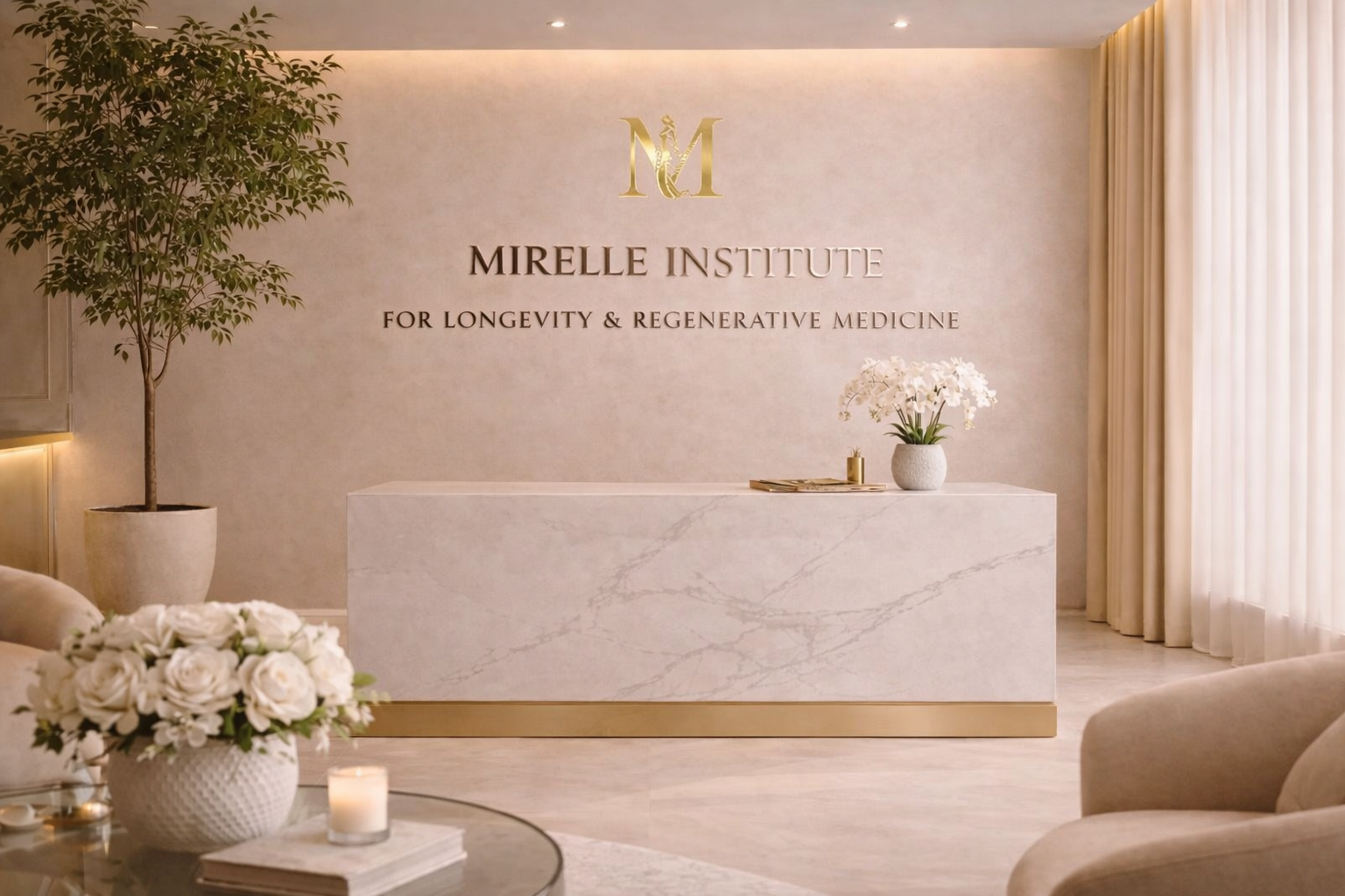 Modern marble reception desk at Mirelle Institute for Longevity & Regenerative Medicine in Manasquan, NJ, featuring the clinical logo and luxury aesthetic interior for functional medicine and regenerative treatments.