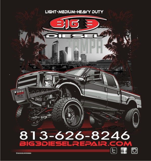 Big 3 Diesel in Tampa, featuring a modified truck with a cityscape background | Big 3 Diesel & Automotive Repair