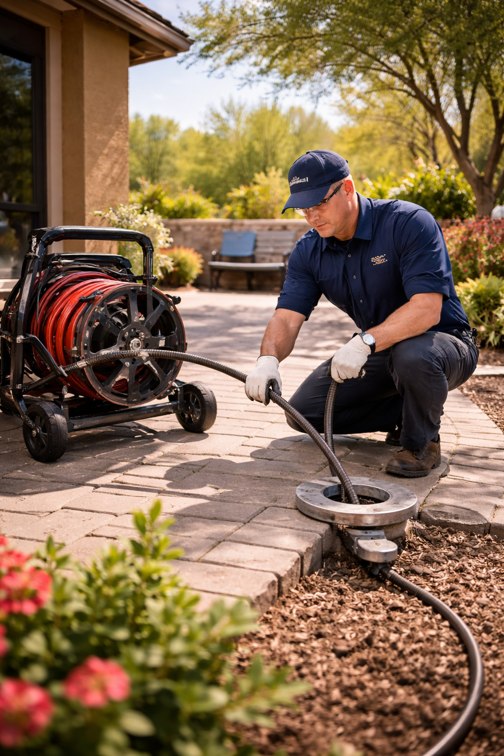 Plumber using drain cleaning equipment outdoors near a home.