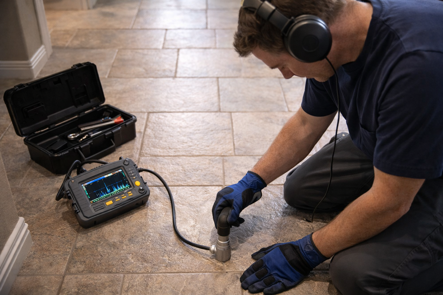 Man kneeling, using a device to inspect a tiled floor, wearing headphones and gloves. Equipment case nearby.