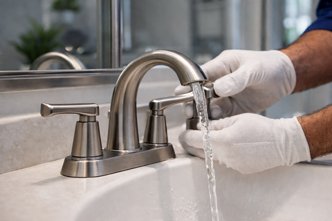 Hands in white gloves adjust a bathroom faucet with water running.