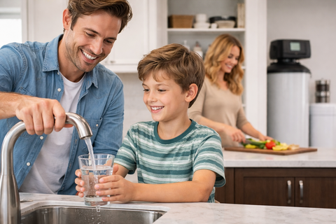 Family in kitchen: father pouring water into a glass for smiling child, mother preparing food.
