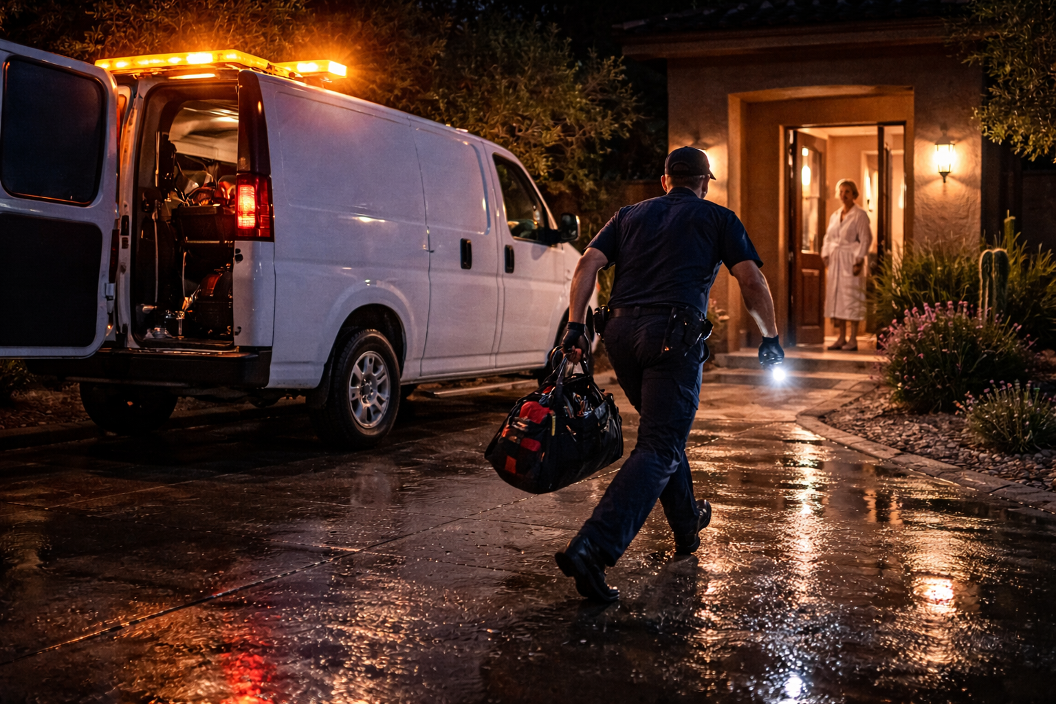 A paramedic with a bag runs towards a house at night, lit by van lights.