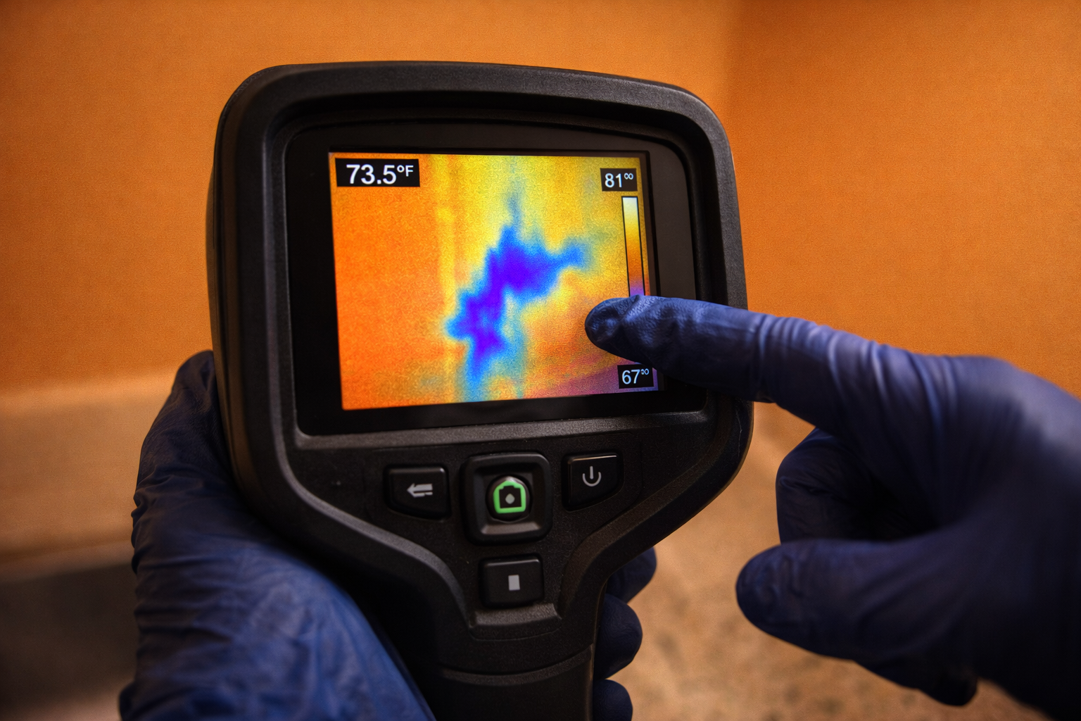Hand using a thermal camera on a wall, displaying a color gradient indicating temperature variations.