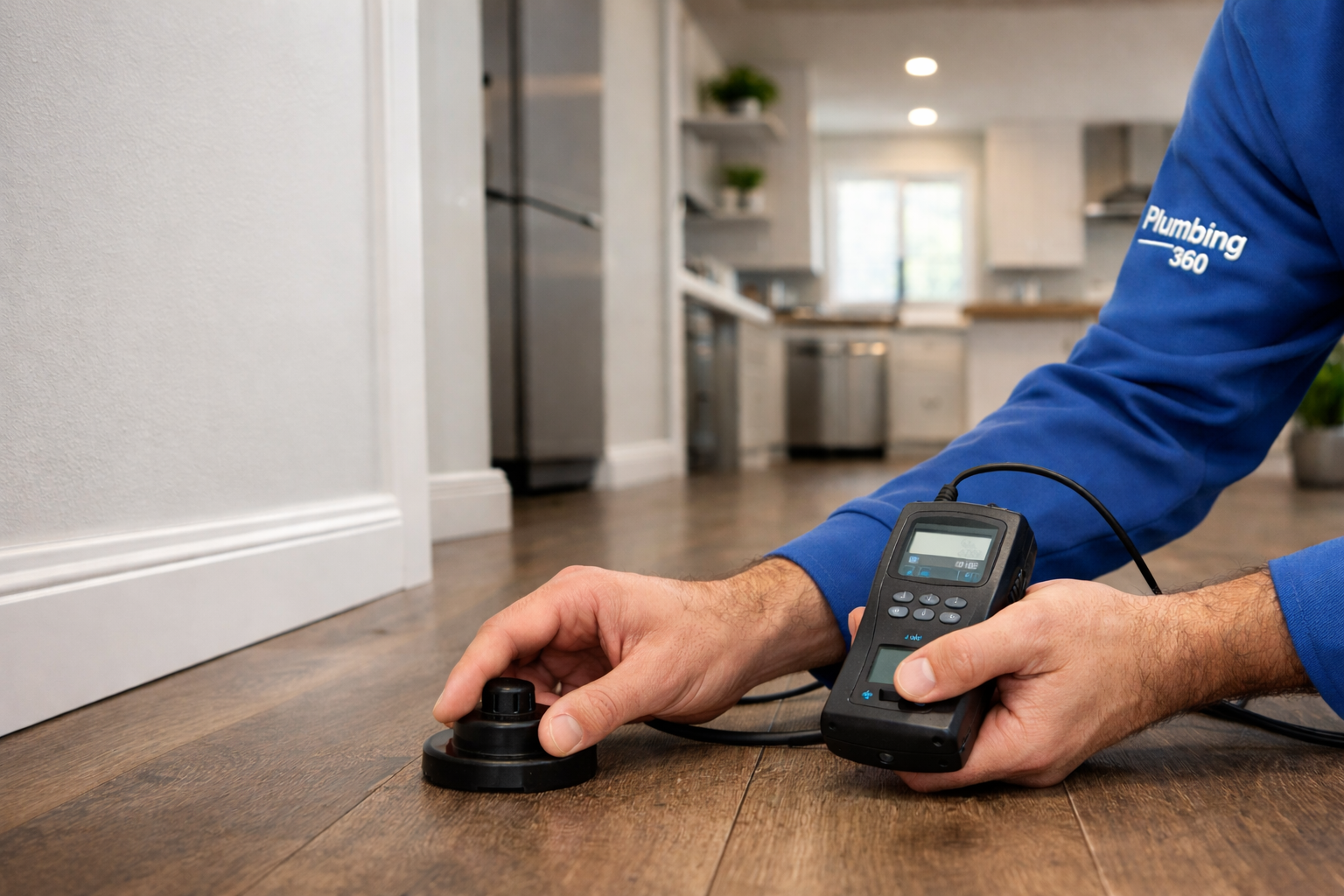 A person using a device to test a wooden floor in a home. The person is holding the device and pushing the sensor on the floor.