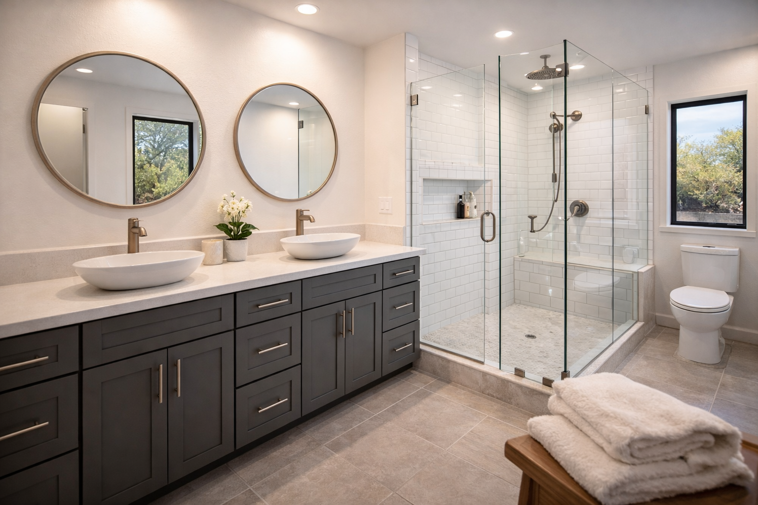 Modern bathroom with gray vanity, round mirrors, glass shower, and white towels.
