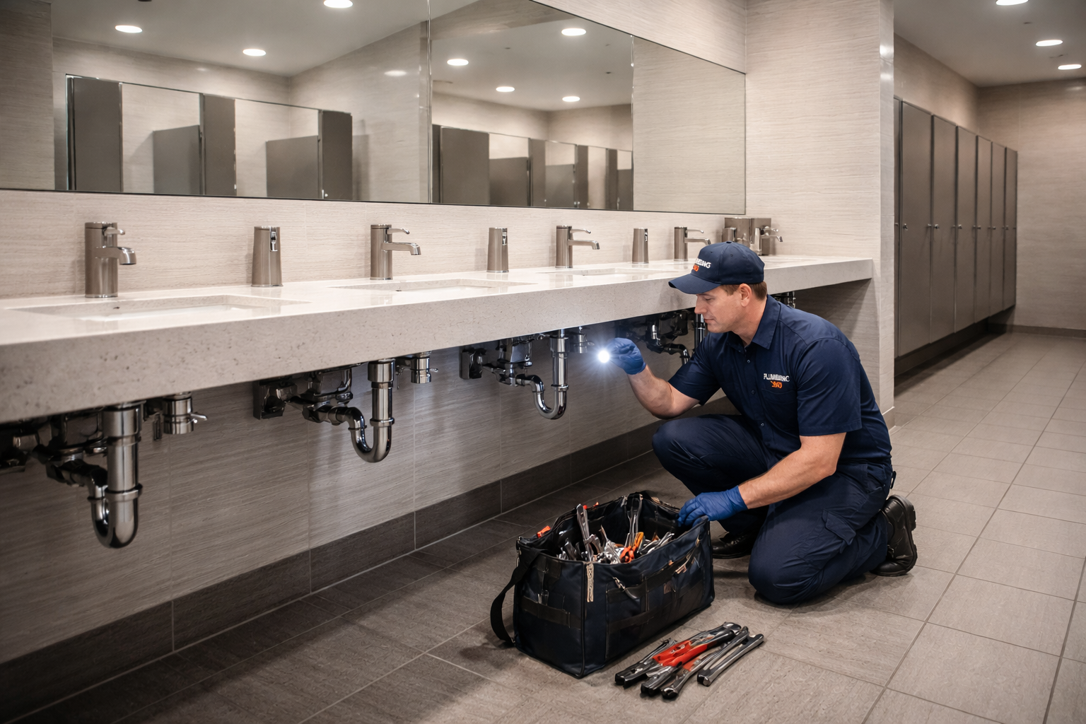 Plumber inspecting sinks with a flashlight and tools in a public restroom.