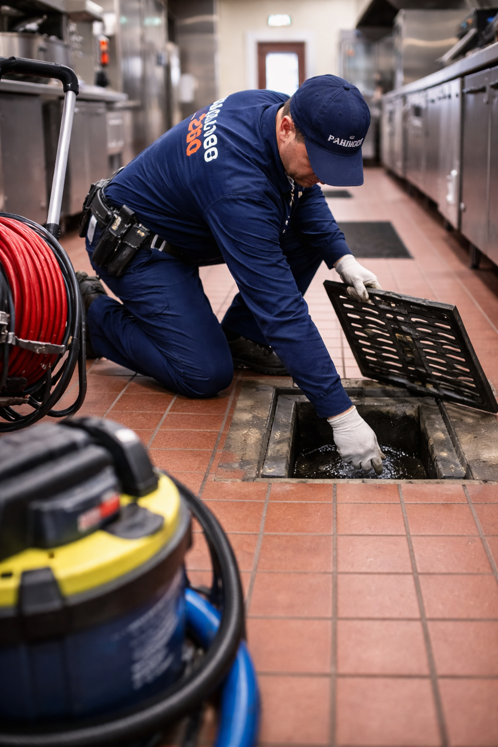 Man in blue uniform kneeling, inspecting drain in commercial kitchen. A vacuum cleaner and hose reel are present.