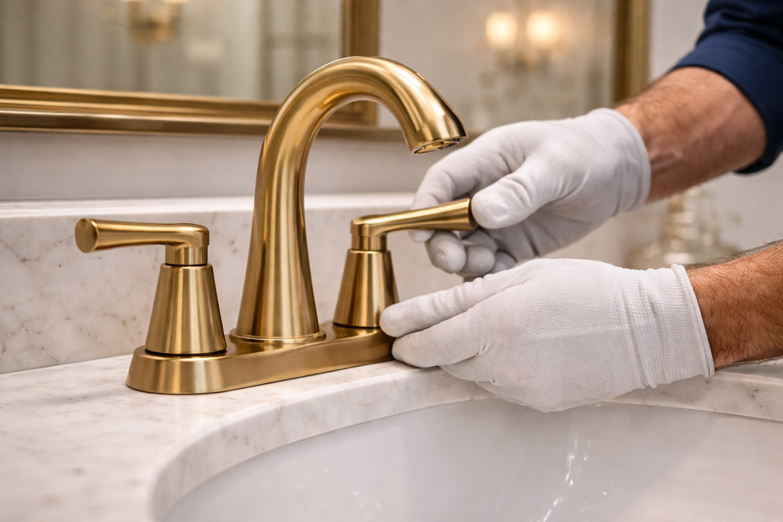 Hands in gloves adjusting a gold bathroom faucet in a marble-lined setting.