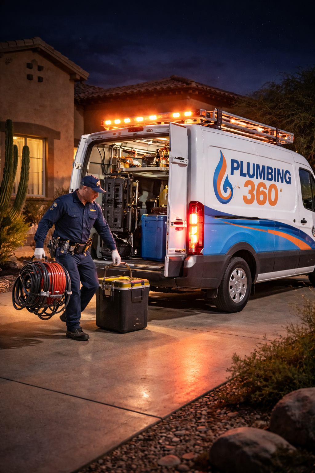 Plumber with equipment exiting Plumbing 360 van parked in front of a house at night, illuminated by emergency lights.