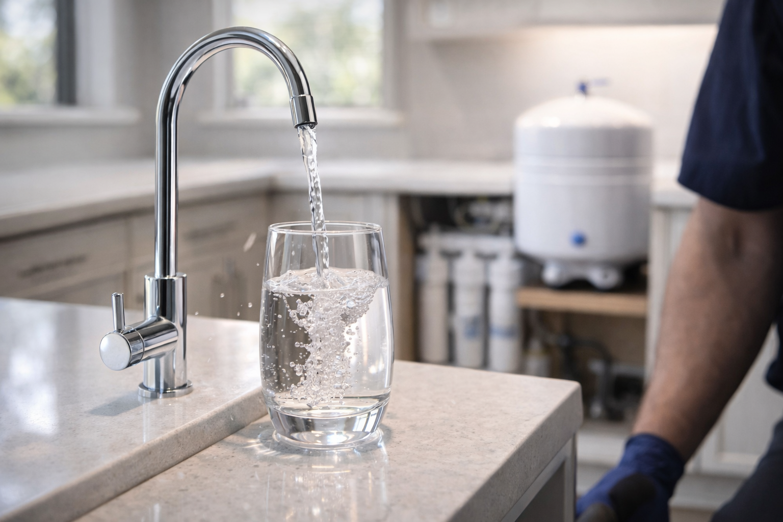 Water pouring from a chrome faucet into a glass, on a countertop, with a filtration system in the background.