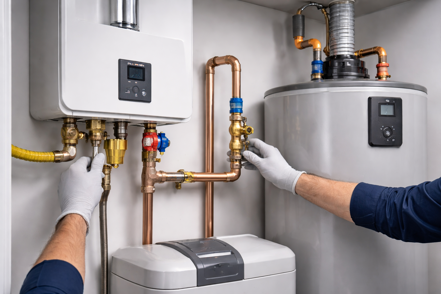 Plumber adjusting pipes on a water heater and boiler in a utility room.