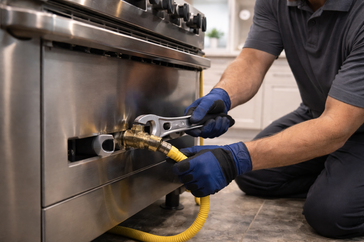 Person in blue gloves using a wrench to connect a yellow gas line to a stainless steel oven. Kitchen setting.