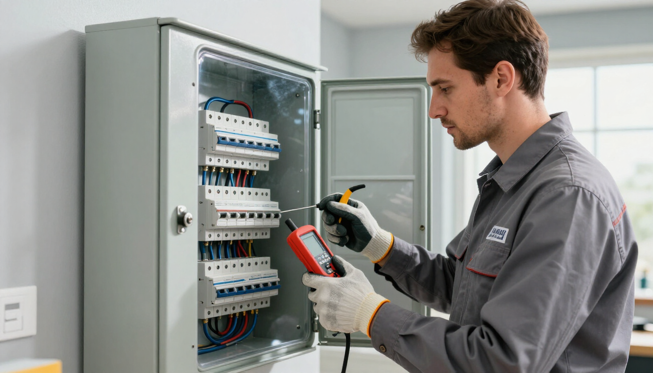 Licensed electrician inspecting a modern residential electrical panel.