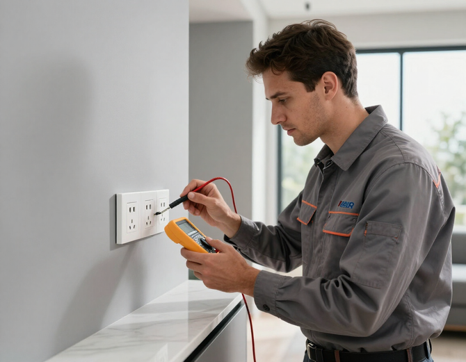Electrician testing outlets and electrical components in a modern home.