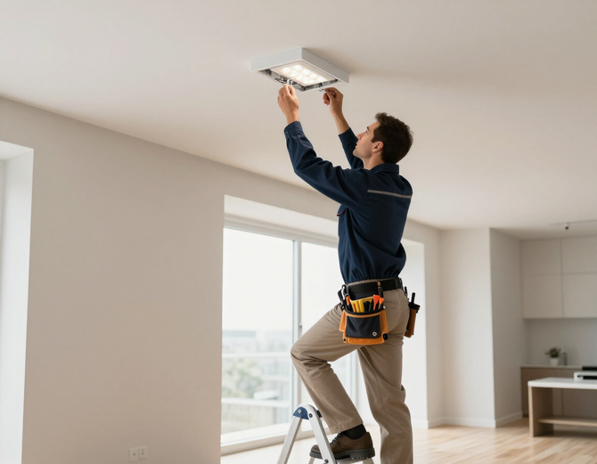 Electrician installing ceiling lighting in a modern home interior.