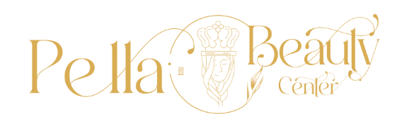 Ein goldenes Logo für das Pella Beauty Center auf weißem Hintergrund.