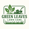 Green Leaves Lawn Care logo featuring a green leaf plant, lawn mower, and grass; text in green on a cream background.