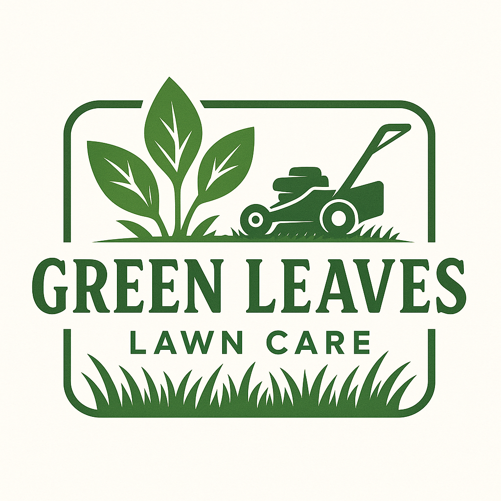 Green Leaves Lawn Care logo featuring a green leaf plant, lawn mower, and grass; text in green on a cream background.