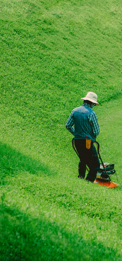 A person in a hat mows the lawn on a grassy hillside.