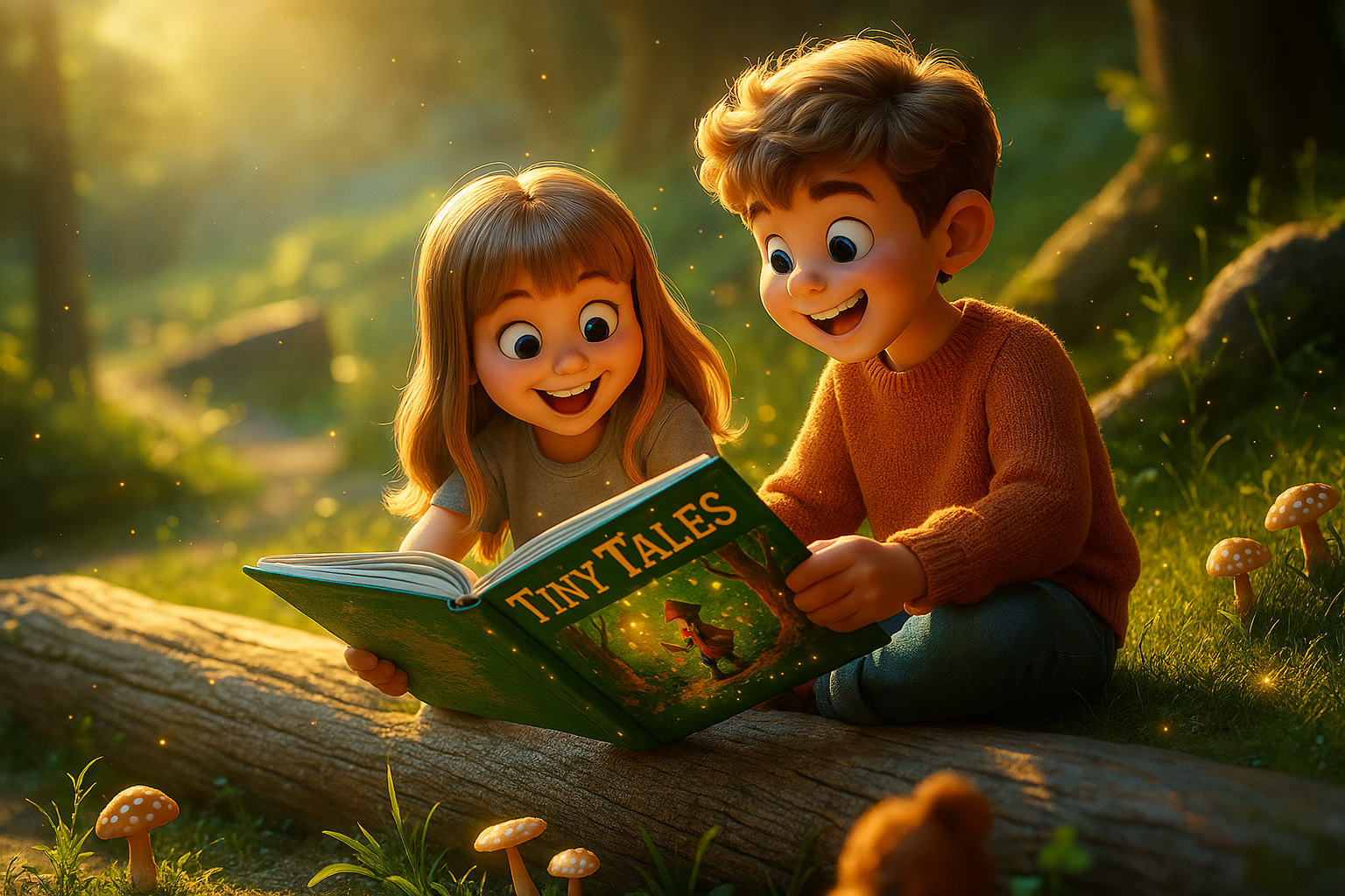 A boy and a girl are sitting on a log reading a book.