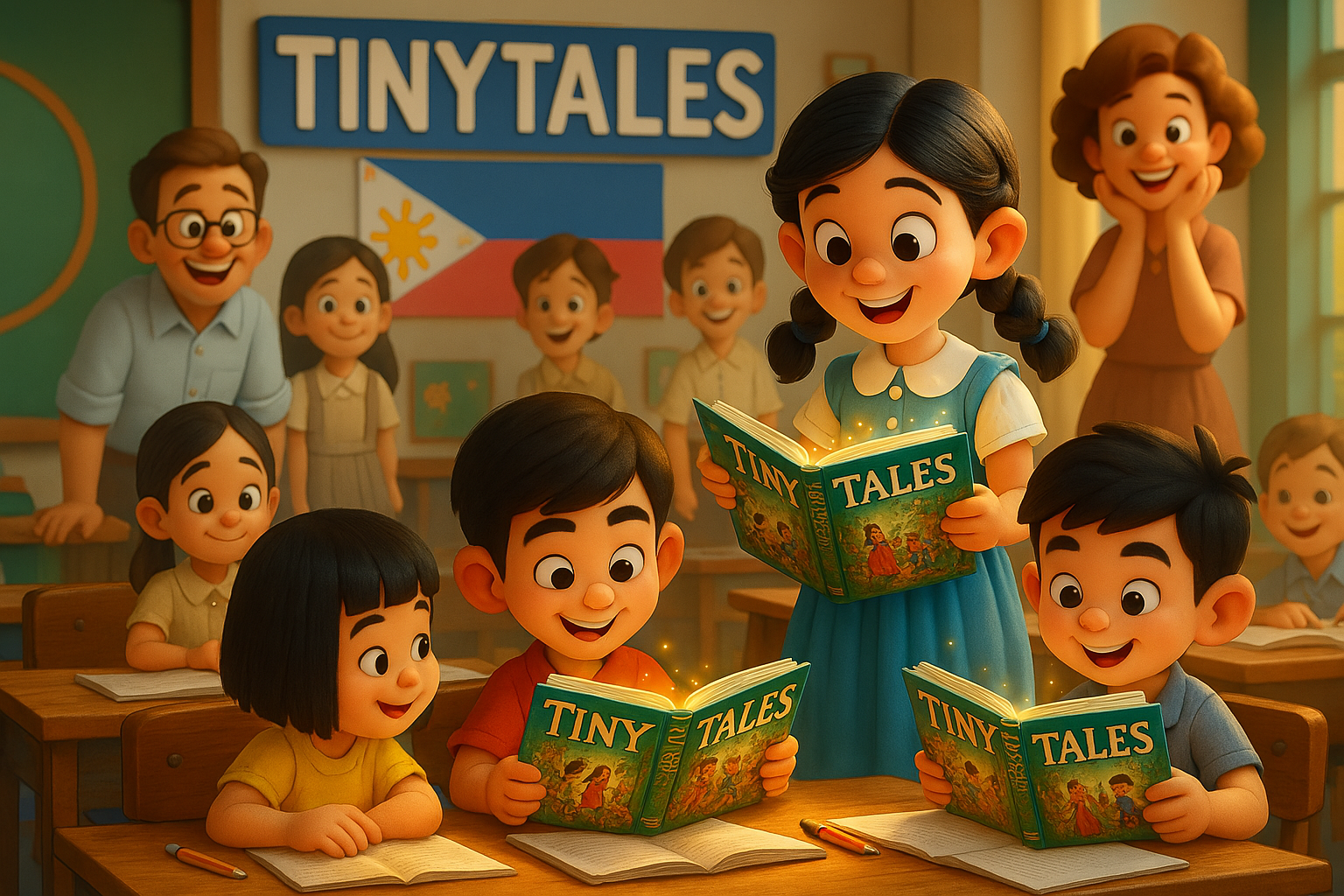 A group of children are reading books in a classroom.