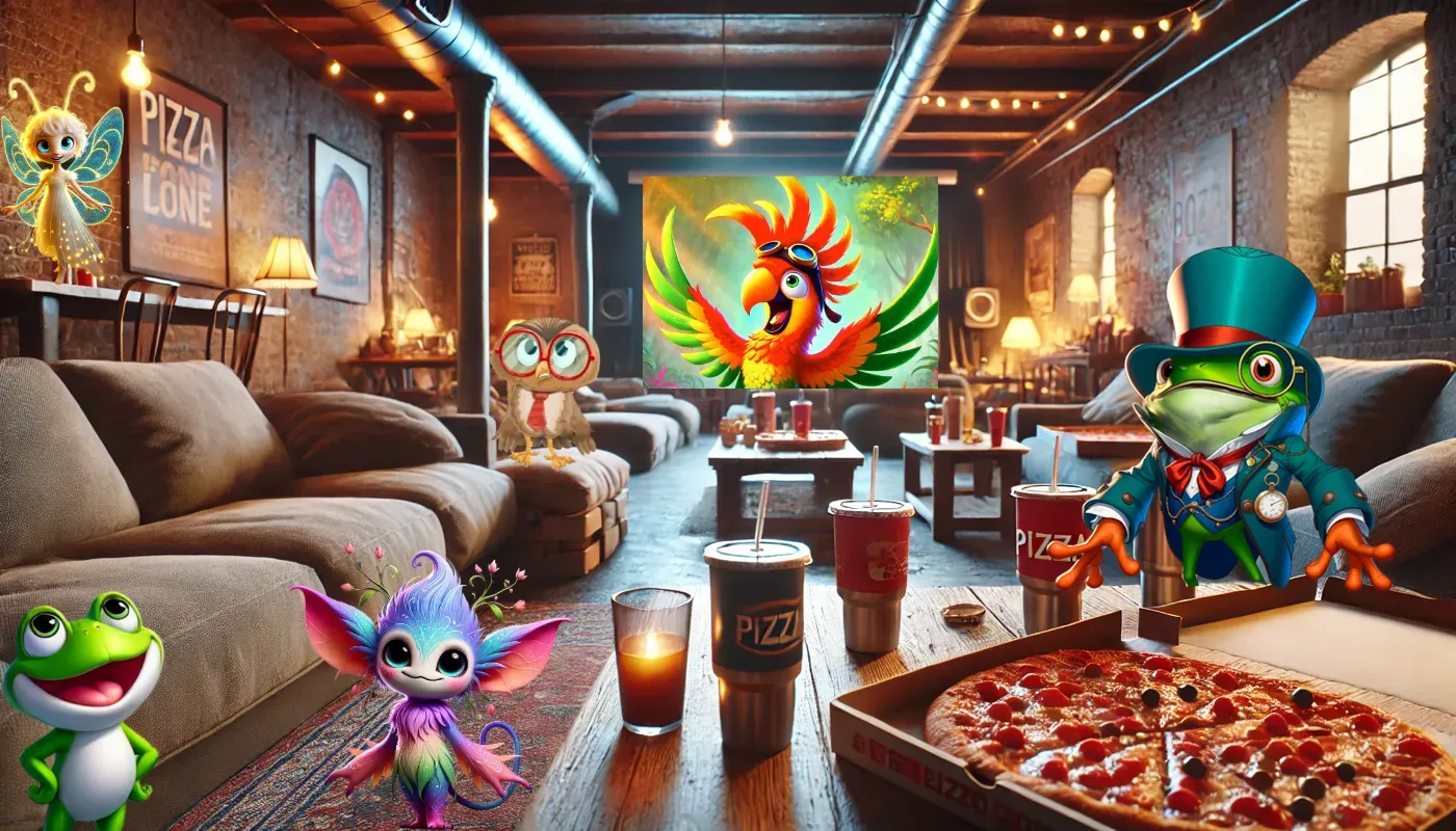 A living room with a pizza , drinks , and frogs.
