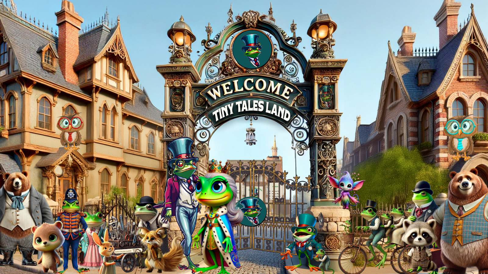 A group of animals are standing in front of a welcome sign.