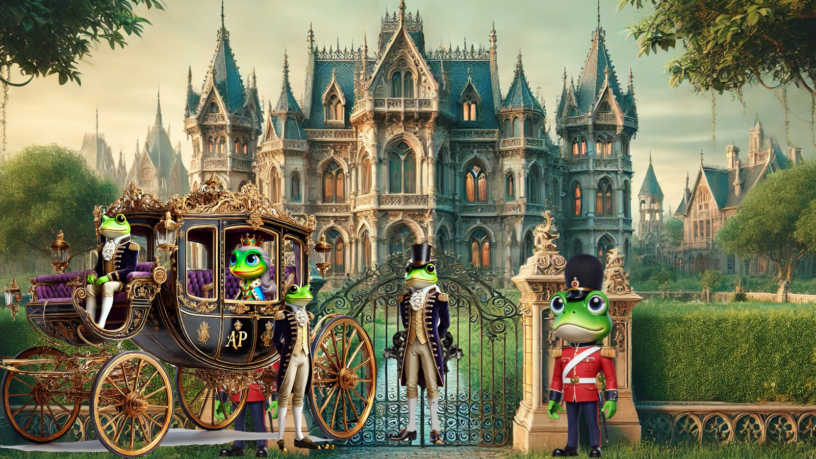 A group of frogs are standing in front of a castle.