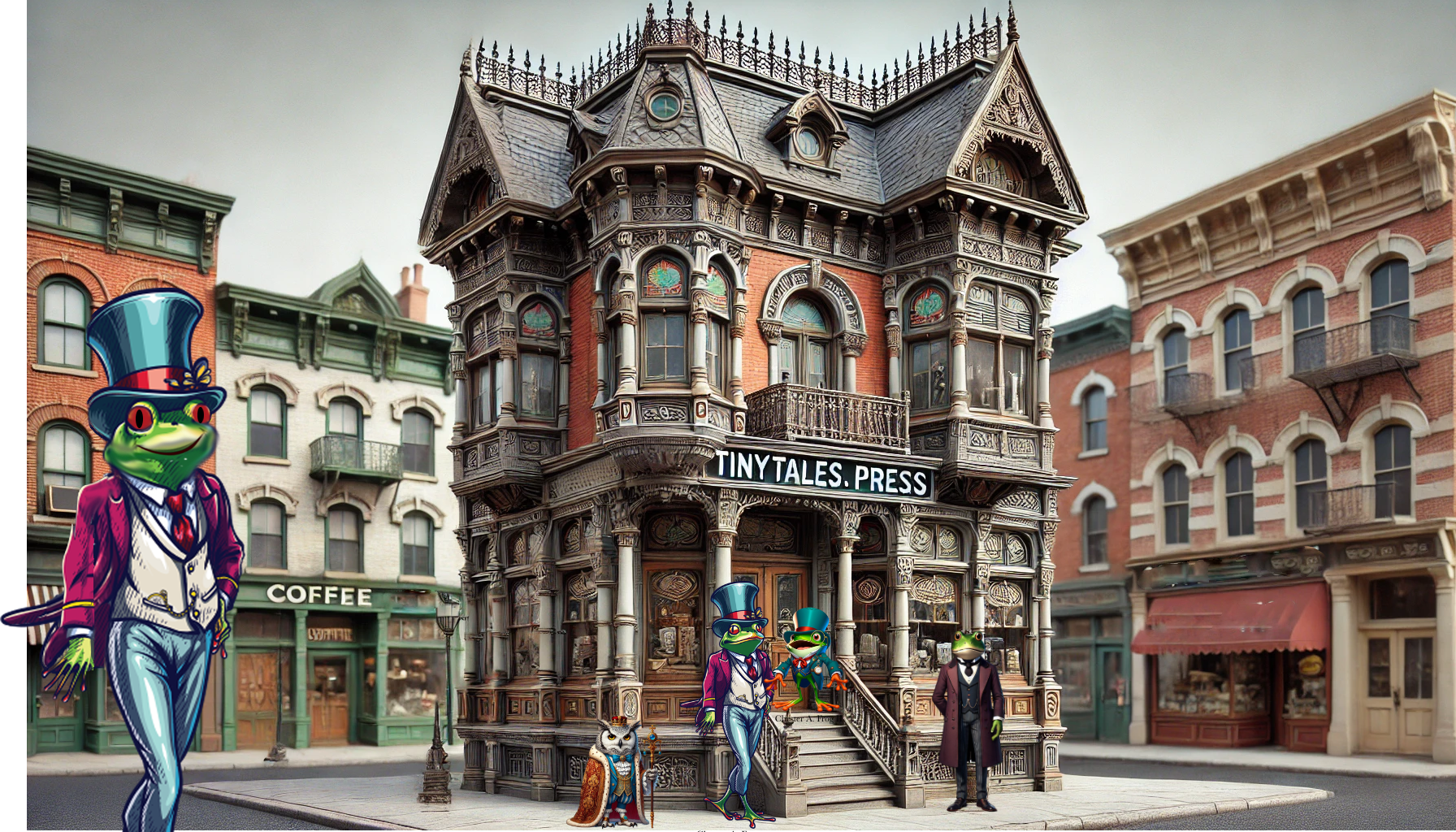 A frog in a top hat is standing in front of a building.