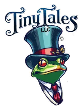 A logo for tiny tales llc with a frog wearing a top hat
