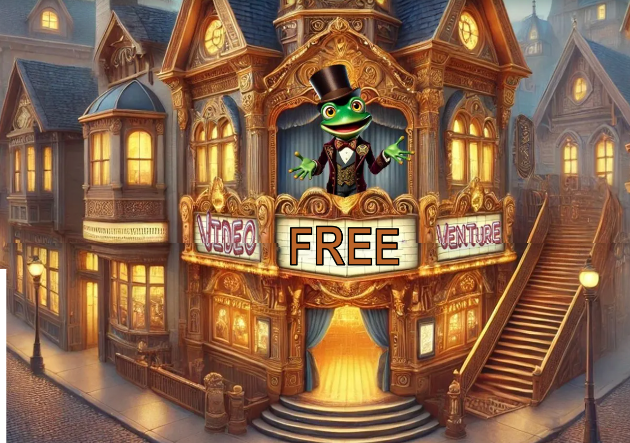 A frog in a top hat is standing in front of a building that says free