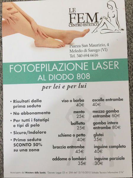 Listino prezzi per depilazione laser al diodo
