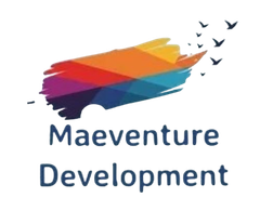 Maeventure Development logo: colorful paint stroke with birds flying from it, company name below in blue.