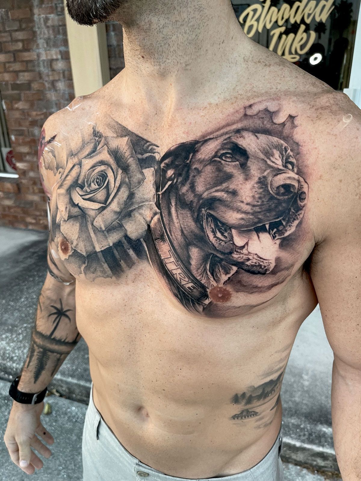 chest tattoo, dog tattoo