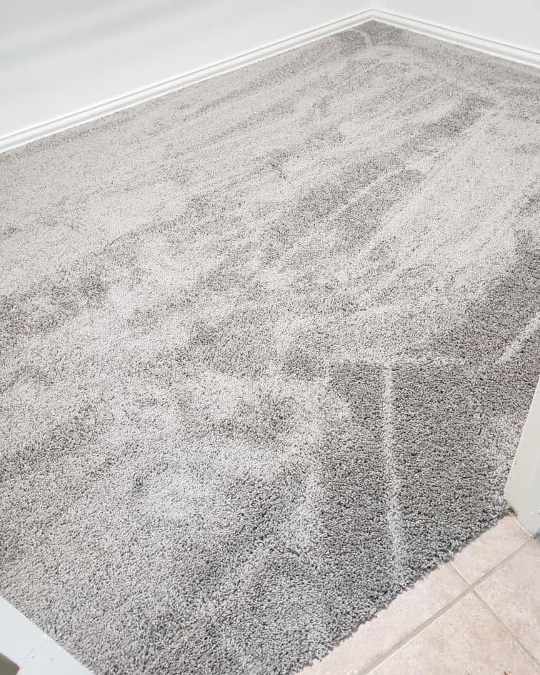 Gray carpeted floor in a room, with a white baseboard and corner visible.