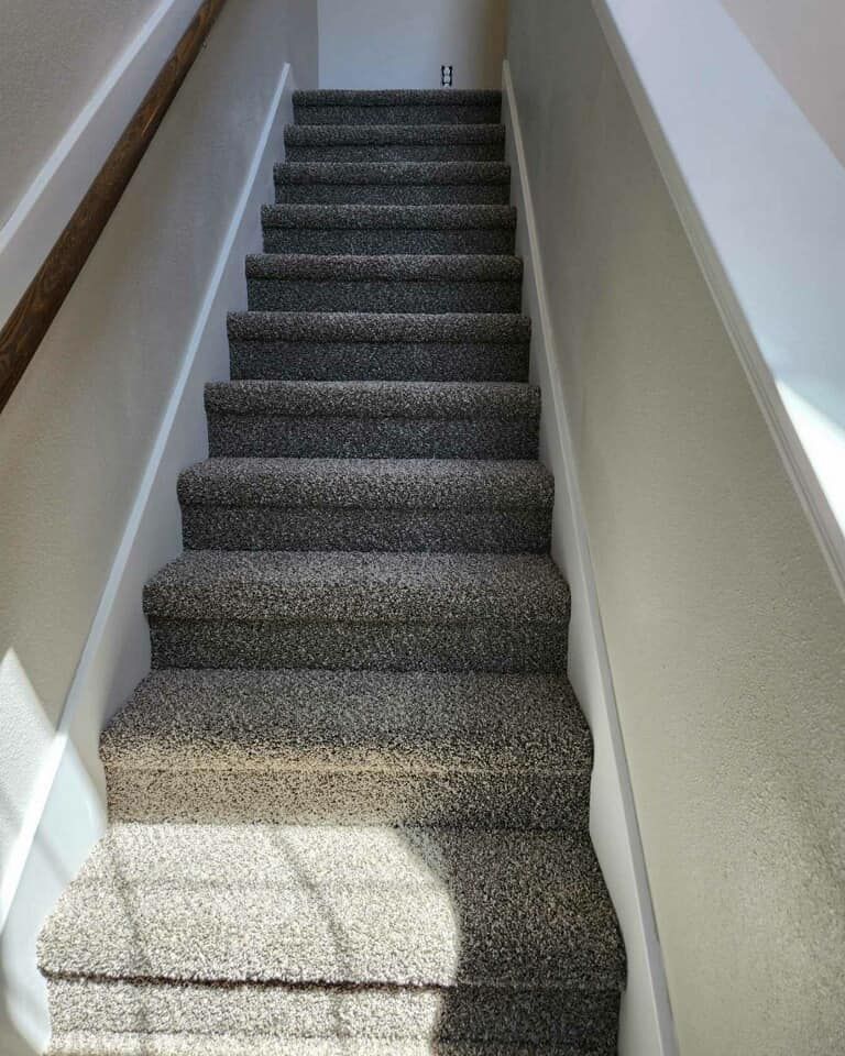 Staircase with gray carpet, white walls, and a wooden handrail. Sunlight casts a shadow on the bottom steps.