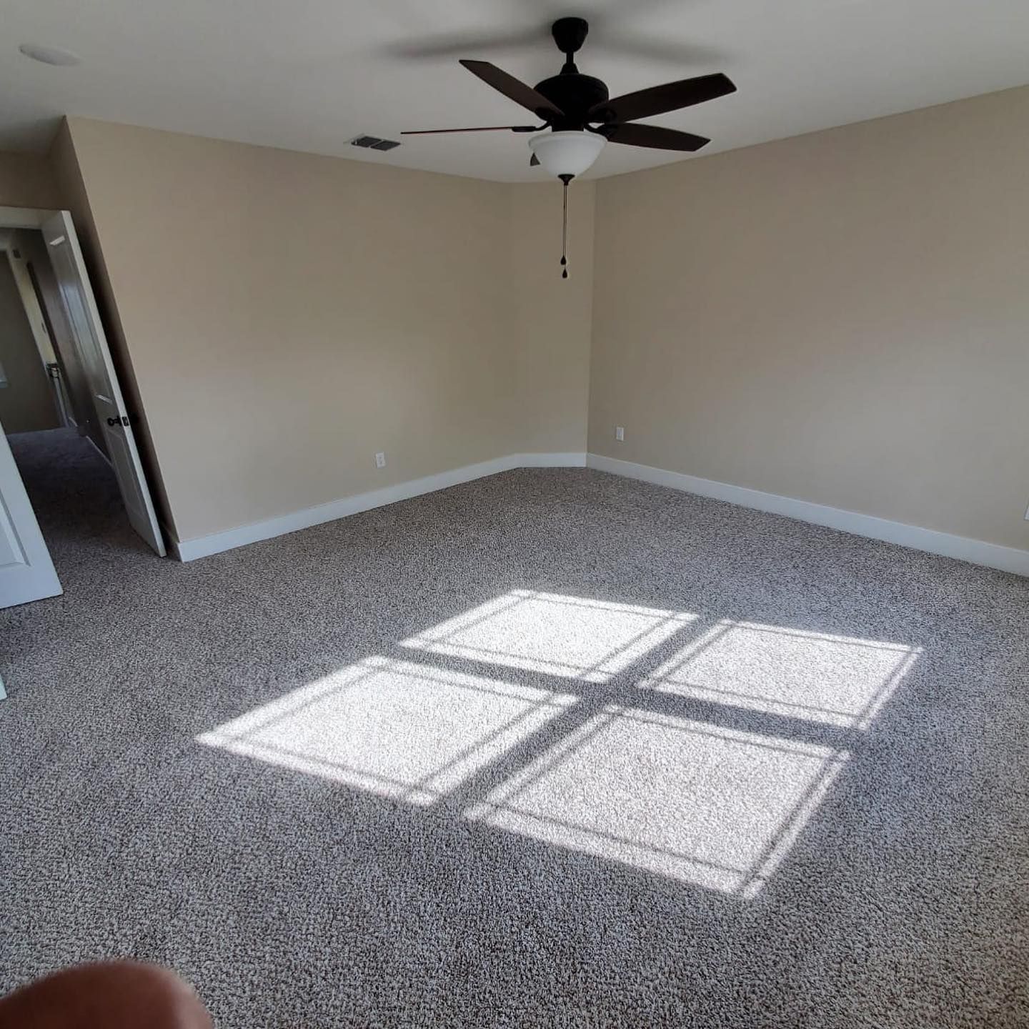 Empty room with neutral walls, speckled carpet, and a ceiling fan; sunlight illuminates the floor in a square pattern.