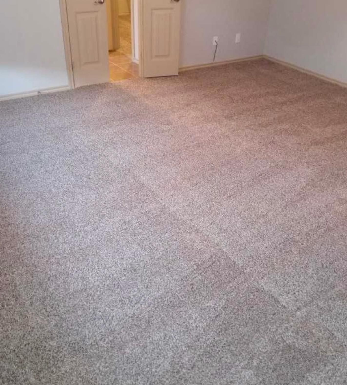 Beige carpeted room with closed doors and a hallway.