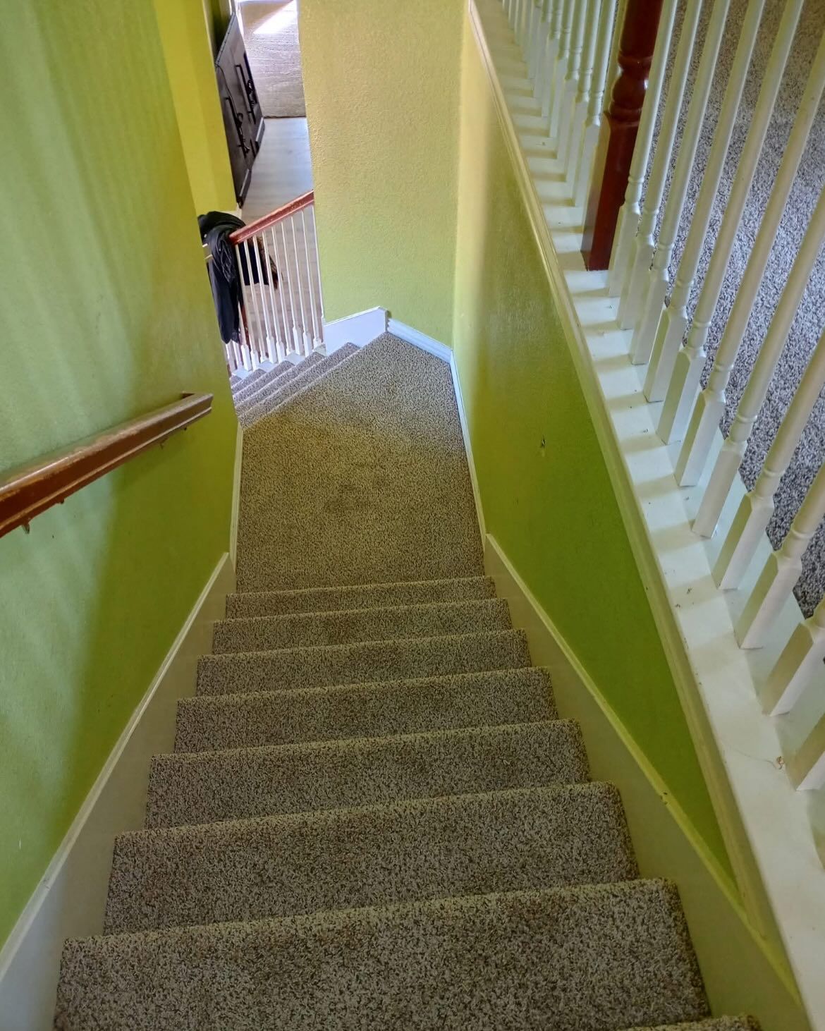 Staircase with beige carpet, lime green walls, and a wooden handrail.